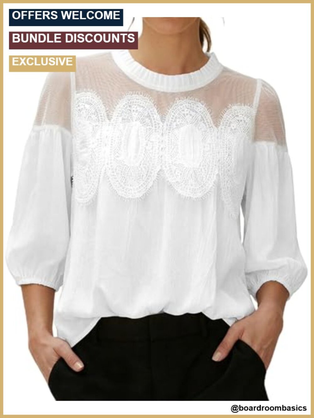 Lace Detail Blouse 3/4 Puff Sleeve Swing Mesh Top